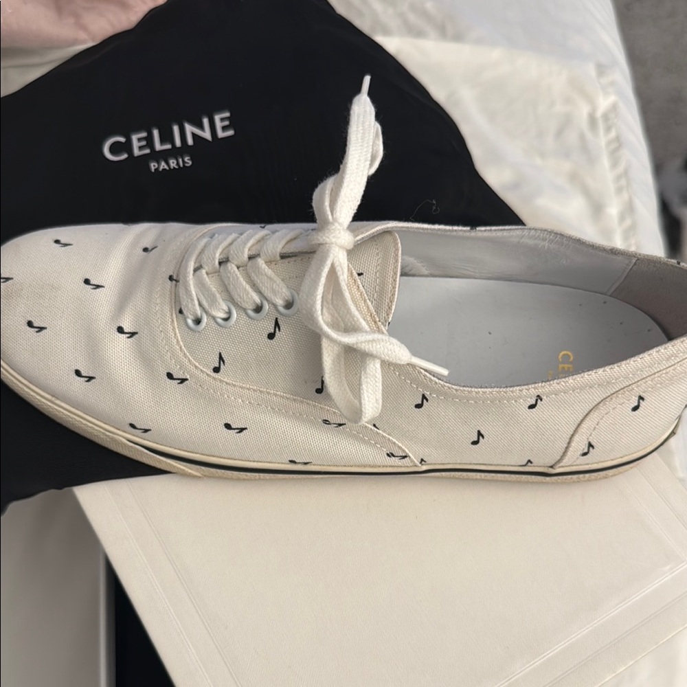 Celine White Canvas Low-Top Sneaker with Black Note Print - Men